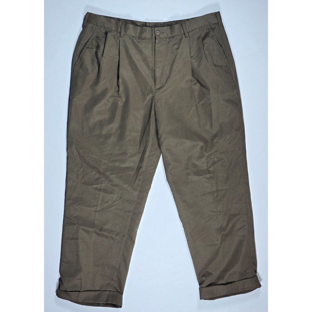 Van Heusen Men's Pleated Dress Pants 38x29 Olive Brown Cuffed Trousers Polyester
